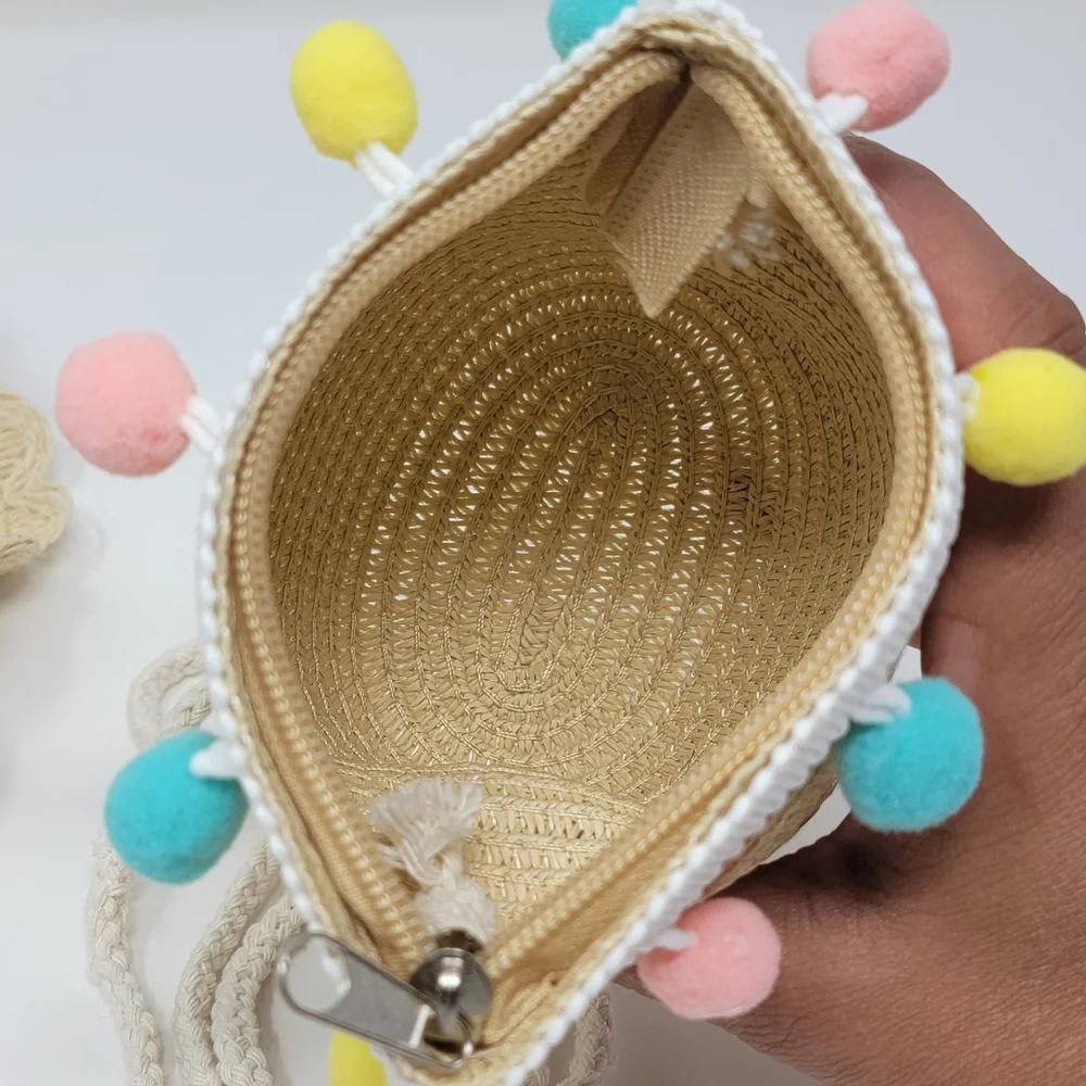 Toddler Straw & Pom Pom Summer Hat & Matching Crossbody Purse Set (One Size)